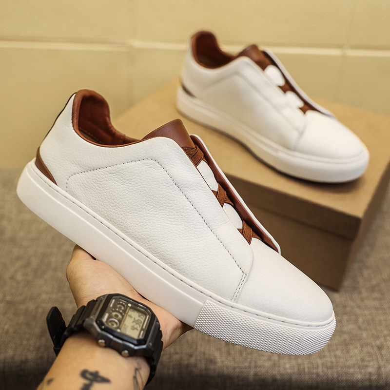 Men's White Top-Grain Cowhide Casual Trendy Shoes